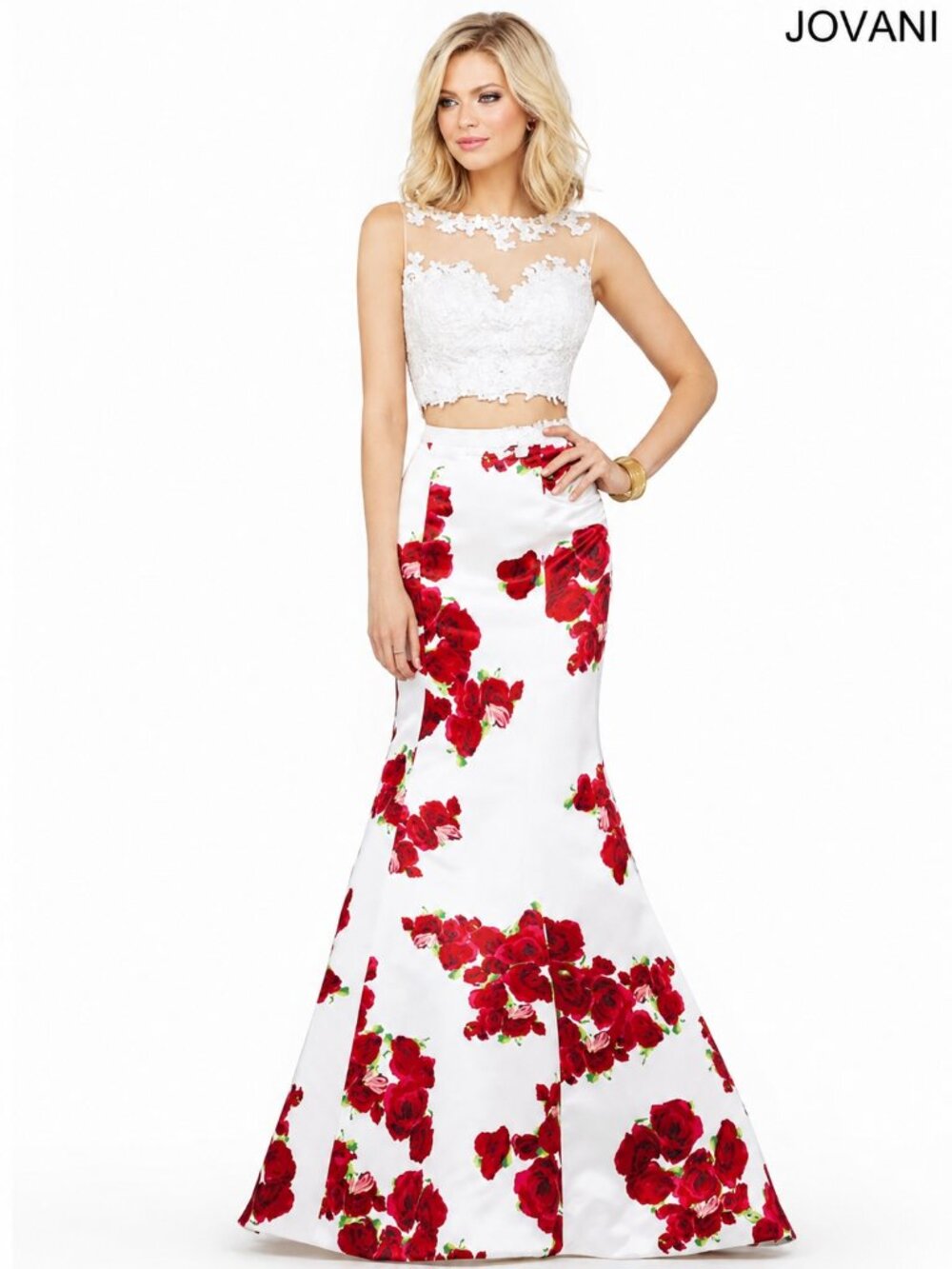 NWT Jovani Soft Satin Mermaid dress, white/floral size 6